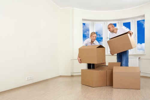 Packed office furniture and equipment ready for a London business move